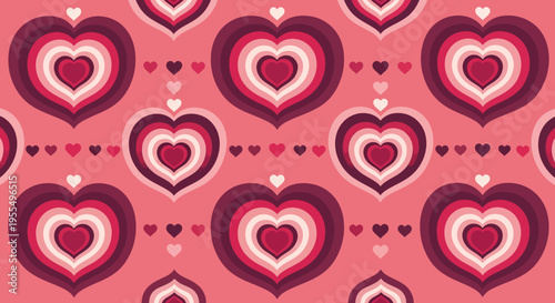Retro Groovy Seamless Heart Pattern with Layered Hearts in Pink and Maroon, Vintage 70s Aesthetic Background for Valentine's Day