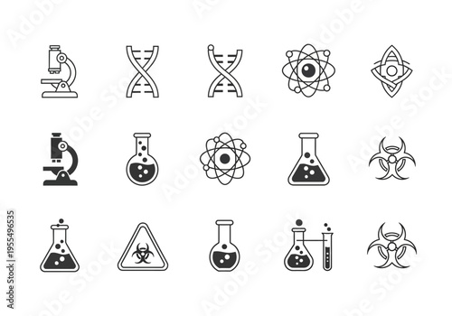 Science and Laboratory Icon Set with Microscope, DNA, Atom, Chemistry Flask, and Biohazard Symbols for Research and Education