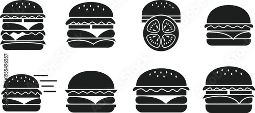 Burger icon set with hamburger cheeseburger and fast food sandwich silhouettes vector illustration for restaurant menu design and food branding