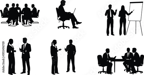 Business meeting and presentation silhouettes set of corporate people teamwork discussion office scenes with laptop and flipchart isolated vector