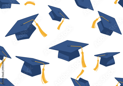 Seamless Pattern of Blue Graduation Caps with Gold Tassels on White Background