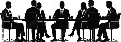 Business meeting silhouettes of corporate team sitting at conference table discussion teamwork office people isolated vector illustration scene