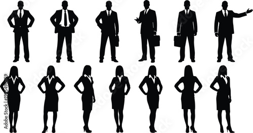 Business men and women silhouettes set of corporate professionals standing confident poses with briefcases isolated vector illustration collection