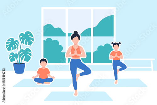 Mother and children practicing yoga and meditation together at home