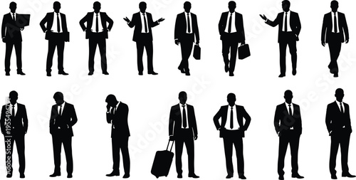 Business men silhouettes collection of corporate professionals in formal suits with briefcases standing walking poses isolated vector illustration set