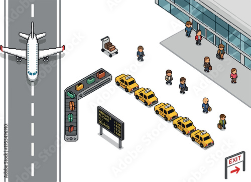 Pixelated airport scene with airplane, baggage claim, and taxis waiting for passengers