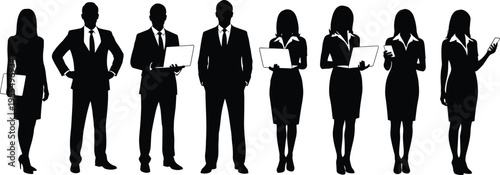 Business people silhouettes set of corporate professionals using laptop tablet and smartphone standing poses office work isolated vector illustration
