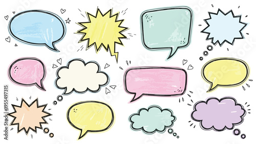 Assorted colorful empty speech and thought bubbles in various shapes for text, messages, and creative design on white background, copy space