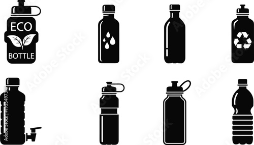 Collection of eco, reusable and plastic water bottle silhouettes with hydration drink container designs isolated on white background vector icon set