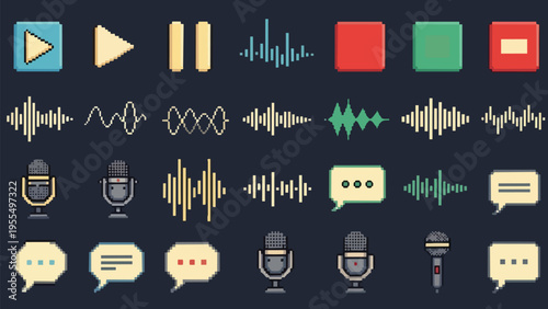 Sound wave and audio interface icons including play, pause, record buttons, microphones, and chat bubbles on dark background, chat bubble