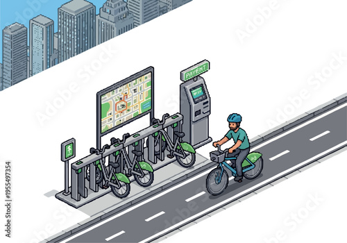 Urban mobility solution with electric bicycles for rent on a city street, alongside a digital map and payment kiosk