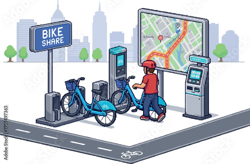 Illustration of a city bike-sharing station with bicycles and a large interactive map kiosk for urban mobility