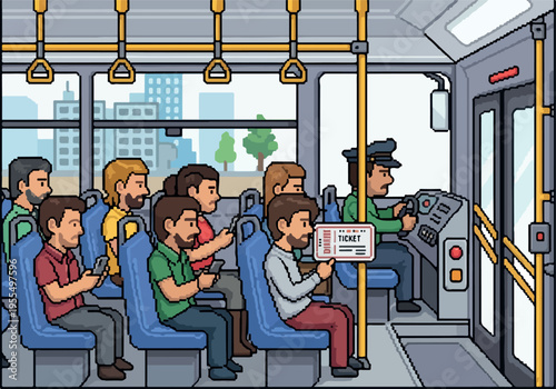 Illustration depicting people sitting inside a public transport bus with a driver at the wheel and passengers using mobile phones and holding tickets