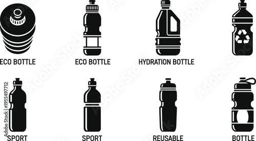 Collection of sport, eco and reusable water bottle silhouettes with hydration drink containers isolated on white background vector icon set