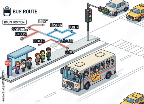 Isometric illustration of a city bus route with passengers waiting at a bus stop and a bus driving on the road, a taxi also visible