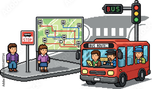 Public transportation concept people waiting at a bus stop with a route map, a bus arriving, and traffic signals in a pixel art style