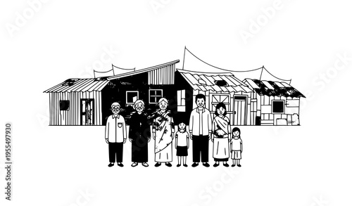 Foto Vector illustration of poor people in a slum with rundown houses for social and