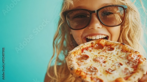 A joyful girl is happily enjoying a slice of pizza, showcasing her fun-loving side against a vibrant blue background that adds to the lively atmosphere of the image.