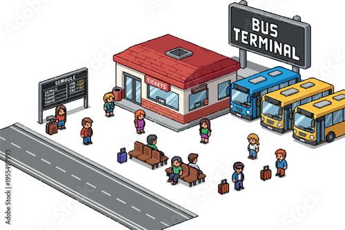 Isometric isometric bus station with people and buses in a public transportation hub environment