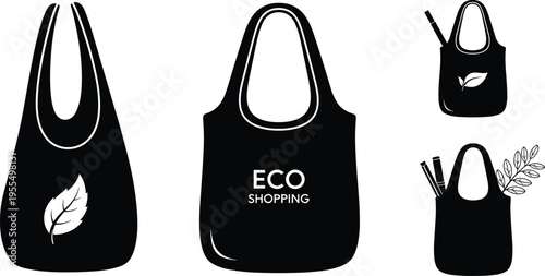 Eco Reusable Shopping Bag Icon Set with Leaf Symbol for Sustainable Grocery Shopping and Environment Friendly Lifestyle