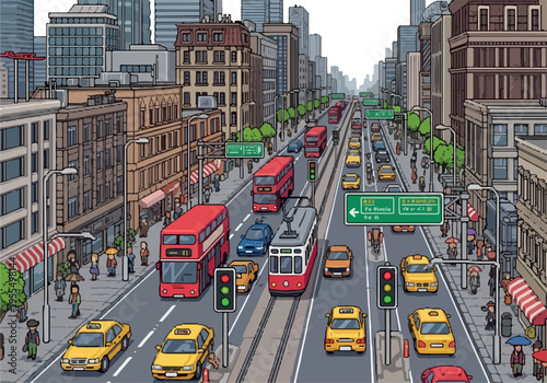 Vibrant city street scene with busy traffic, including double-decker buses, trams, and cars, under a clear sky, depicting urban life and transit