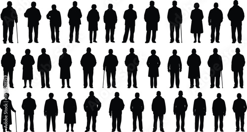 Elderly people silhouettes collection of senior men and women standing with walking sticks aged characters isolated vector illustration set