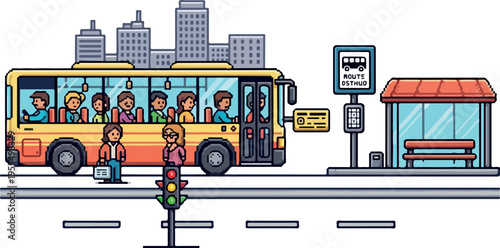 Pixel art illustration of a city street scene with a bus, passengers, bus stop, and traffic light, depicting daily urban commute and public transportation