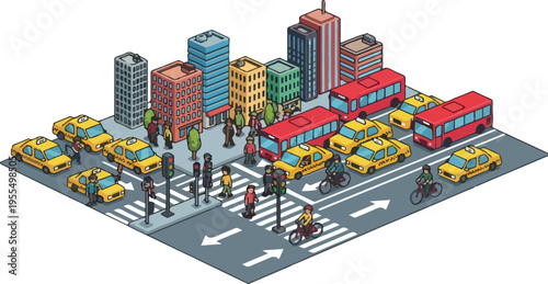 Urban city street scene with traffic including cars, buses, cyclists, and pedestrians crossing at a crosswalk