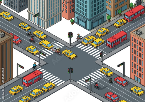Isometric view of a bustling city intersection with traffic lights, cars, buses, and pedestrians navigating the roads