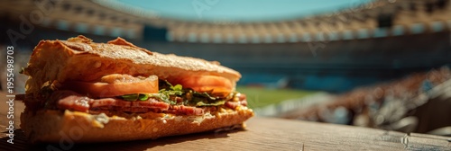 Delicious Baguette Sandwich with Meat and Tomato in a Sports Stadium