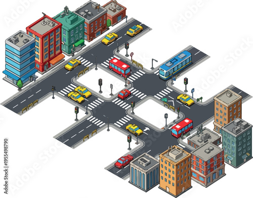 Isometric city street intersection with buildings, cars, buses, and tram