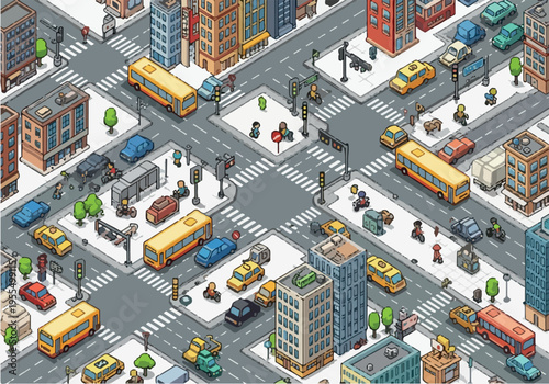 Isometric cityscape illustration with traffic and buildings, featuring cars and buses on busy streets