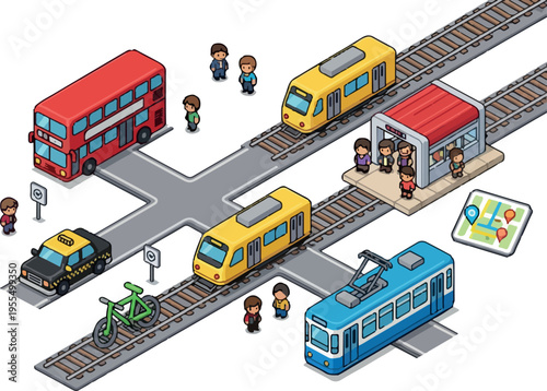 Isometric view of public transportation and urban city elements including buses trains and a taxi