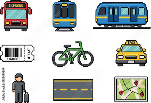 Collection of transportation and travel icons including bus, train, taxi, bicycle, ticket, person with luggage, road, and map for navigation