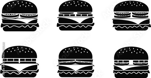 Hamburger and cheeseburger icon collection with fast food sandwich silhouettes vector illustration set for restaurant menu design and branding