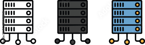 Set of three minimalist icons showing computer server racks with network connection nodes for cloud computing data storage and information technology concepts isolated on white.
