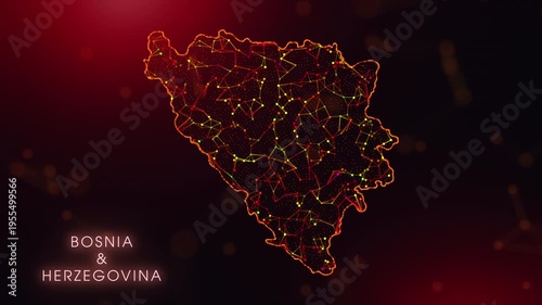 A dynamic motion video showcasing the Bosnia and Herzegovina country border through a plexus reveal. Glowing red and orange dots represent high-tech data communication and global digital networks.