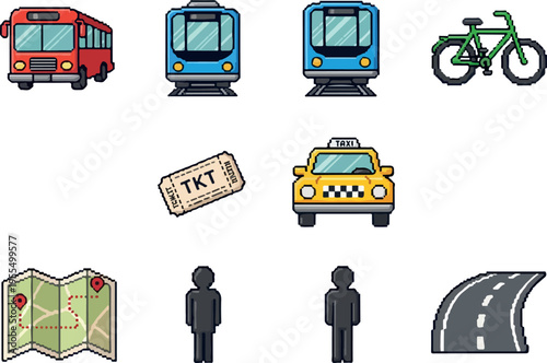 Collection of pixel art icons representing various modes of transportation and travel planning tools