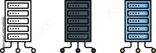 Set of three minimalist icons showing computer server racks with network connection nodes for cloud computing data storage and information technology concepts isolated on white.
