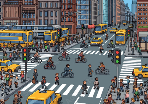 Bustling City Street Scene with Pedestrians, Bicycles, and Yellow Taxis, Capturing Urban Commute and Traffic