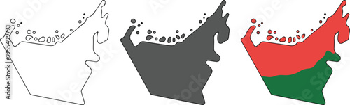 Set of three minimalist icons showing the map of the United Arab Emirates in outline solid and national flag styles for travel geography and middle eastern culture concepts isolated on white.