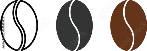 Set of three minimalist coffee bean icons in outline solid and brown color styles for cafe branding espresso roasting and organic coffee shop concepts isolated on white background.