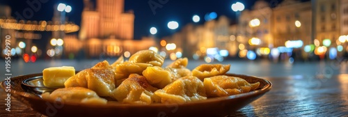 Traditional Dumplings on Plate with City Lights at Night