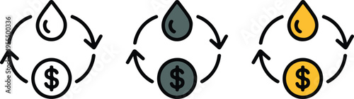 Set of three minimalist icons showing a circular exchange between a water or oil drop and a dollar coin symbol for energy trading fuel costs and resource economy concepts.