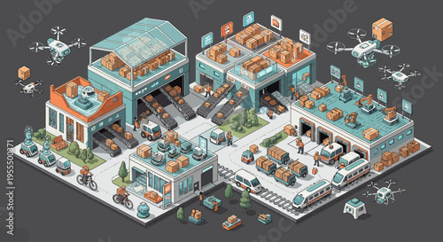 Isometric illustration of a modern logistics and distribution center with automated systems, including drones, robots, and conveyor belts, handling packages and deliveries.
