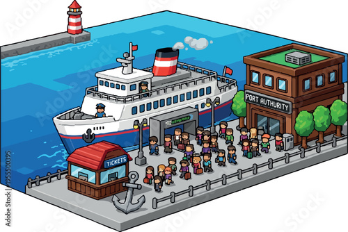 Isometric view of a busy ferry terminal with a large passenger ship docked, people queuing to board, and a building and lighthouse nearby, evoking a sense of travel and transit