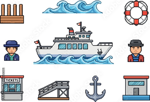 A pixelated set of maritime icons, featuring a ferry, waves, an anchor, a pier, a ticket booth, a lifebuoy, and two individuals dressed in nautical attire, all rendered in a charming retro game style
