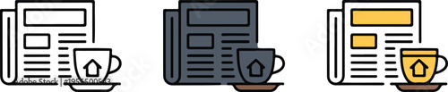 Set of newspaper and coffee cup icons with house symbol in line, gray, and color minimalist vector design