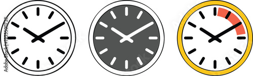 Set of three minimalist wall clock icons in outline solid and highlighted styles for time management scheduling productivity and deadline concepts isolated on white background vector illustration.