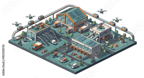 Isometric illustration of a futuristic smart city logistics hub with automated delivery drones, autonomous vehicles, and advanced infrastructure.